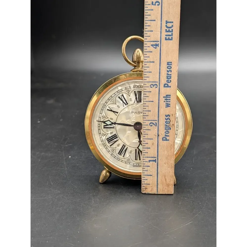 Bulova MCM Alarm Clock MOP Dial West Germany Filigree Brass - Ticks/Need Repair